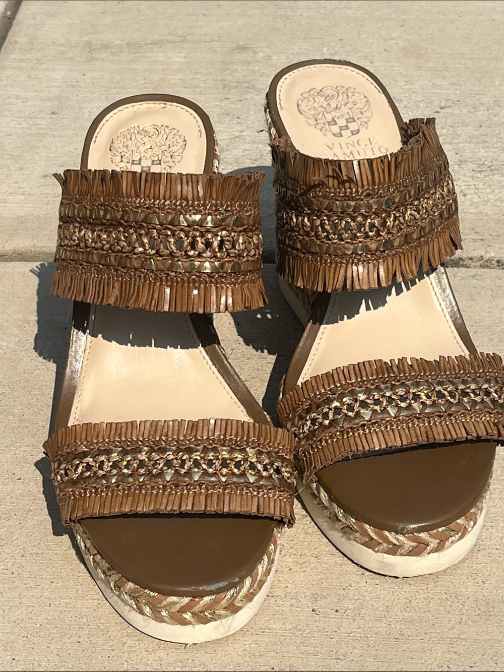 Vince Camuto Woven Fringe Platform Block Heel Slide Sandals Women’s 9 Est - Picture 2 of 9